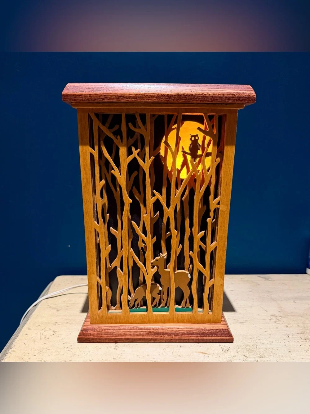 Vintage Handcrafted Layered Harvest Moon Wooden Fretwork Accent Lamp Nightlight